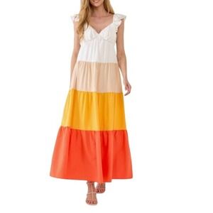 English Factory Women's Orange Sunset Colorblock Maxi Dress Size L NWT